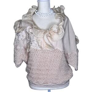 Vintage Light Pink/Ivory Knitted Top Loose Flounce No Size Tag